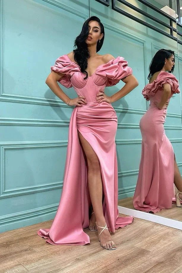 Vestidos formales para mujer, vestido de fiesta rosa con abertura, vestido largo de sirena con hombros descubiertos / Tienda de vestidos de fiesta